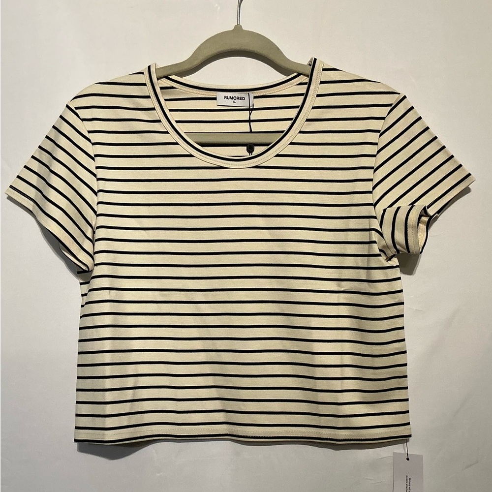 Rumored Beige and Black Striped Short Sleeve Top